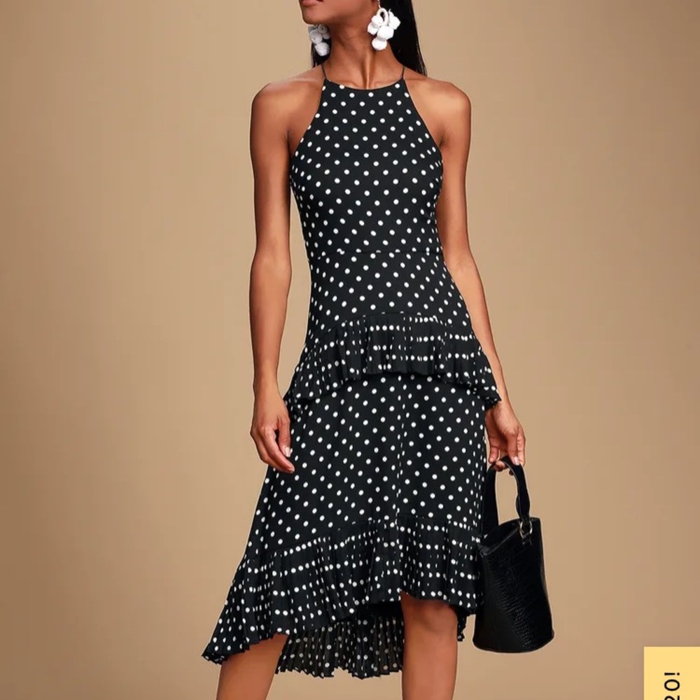 Lulus Black and White Polka Dot Ruffled Midi Dress